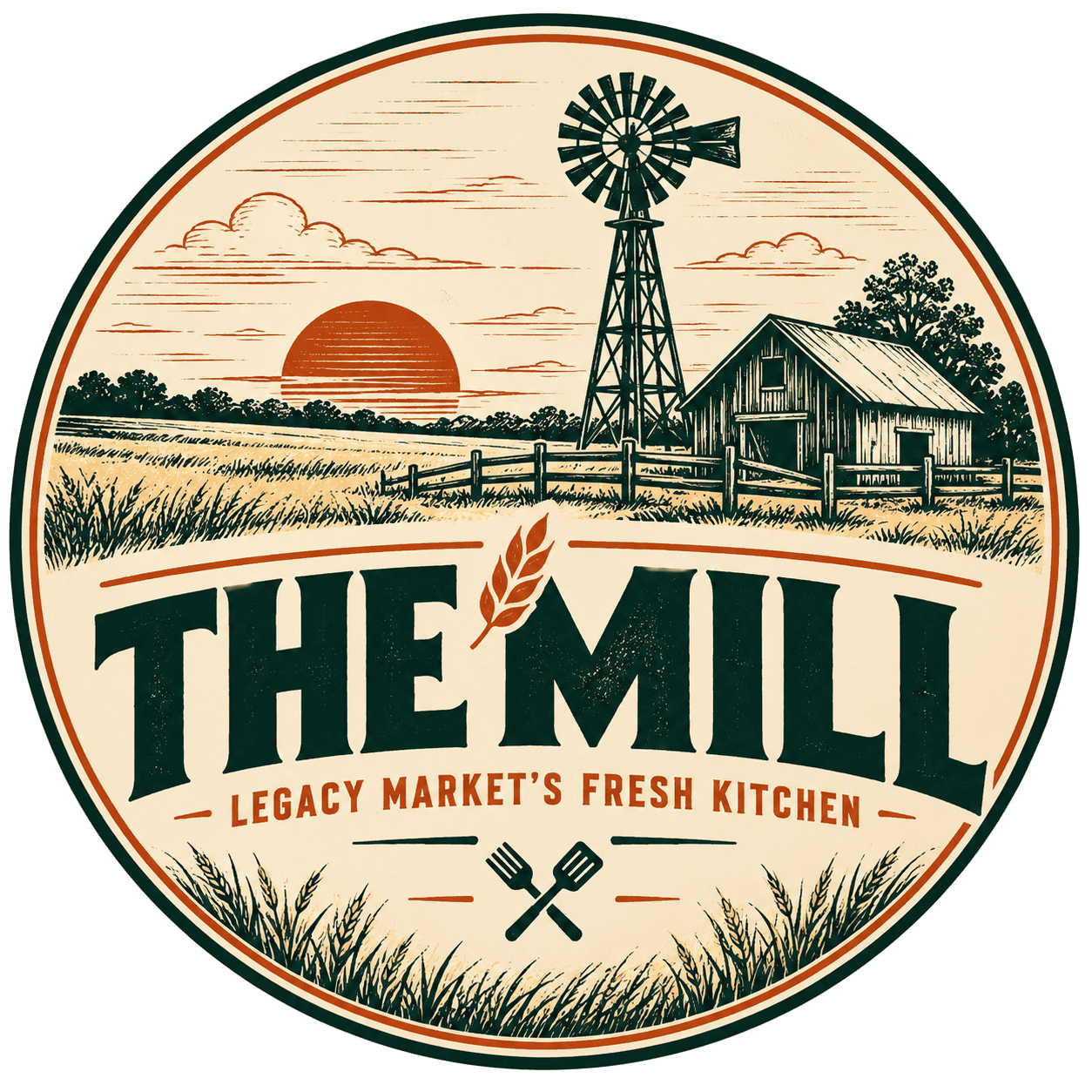 The Mill — Legacy Market's Fresh Kitchen. A windmill, barn, and sunset over a wheat field.